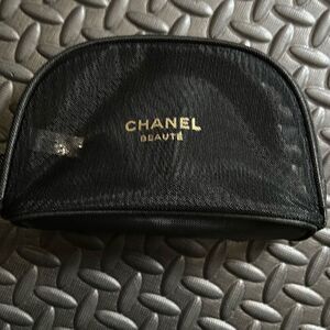 Chanel Beauty Women's Zip Around Crescent Cosmetic Bag Black Mesh Travel Pouch